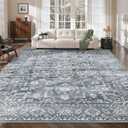Soalmost 8x10 Washable Area Rugs for Living Room, Vintage Floral Stain Resistant Non-Slip Low Pile Neutral Rug Soft Throw Large Carpet for Dining Room Bedroom Home Office (Blue, 8'x10')