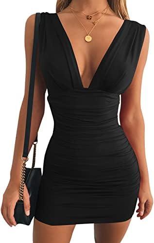 GOBLES Women's Sexy Bodycon Sleeveless Ruched Party Mini Cocktail Dress S