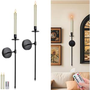 Candle Holder Wall Sconces Set of 2 with Battery Operated Candles and Remote Control, Wall Sconces Home Decor, Battery Candle Sticks Holder with Flameless Flickering Taper Timer Black