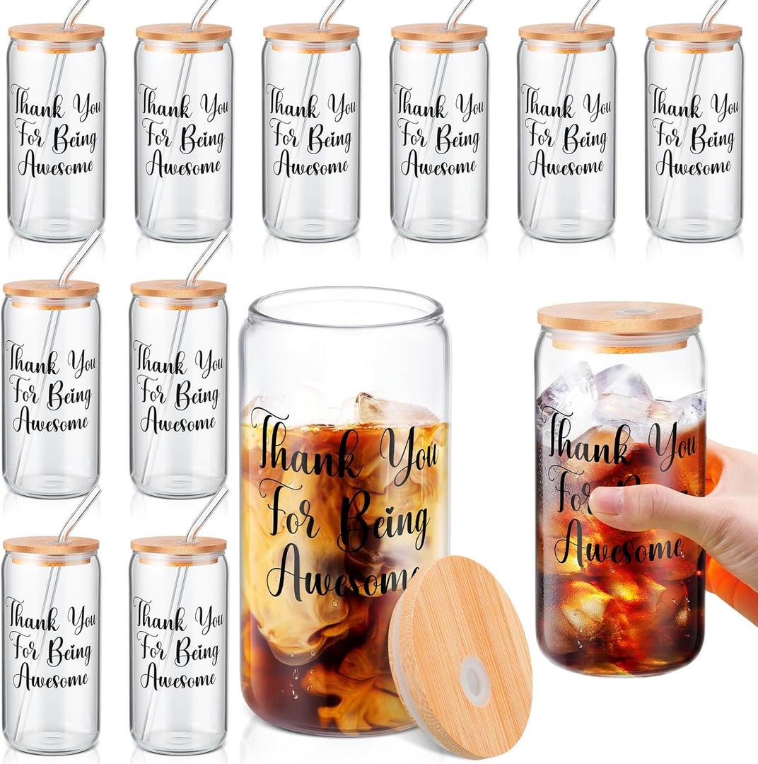 Mifoci 12 Pcs Christmas Cups with Bamboo Lids and Glass Straws, 20 oz Christmas Mason Jars Gifts for Teacher Nurse Friends Women Men Coffee Cups Tea Bubble Tea Juice