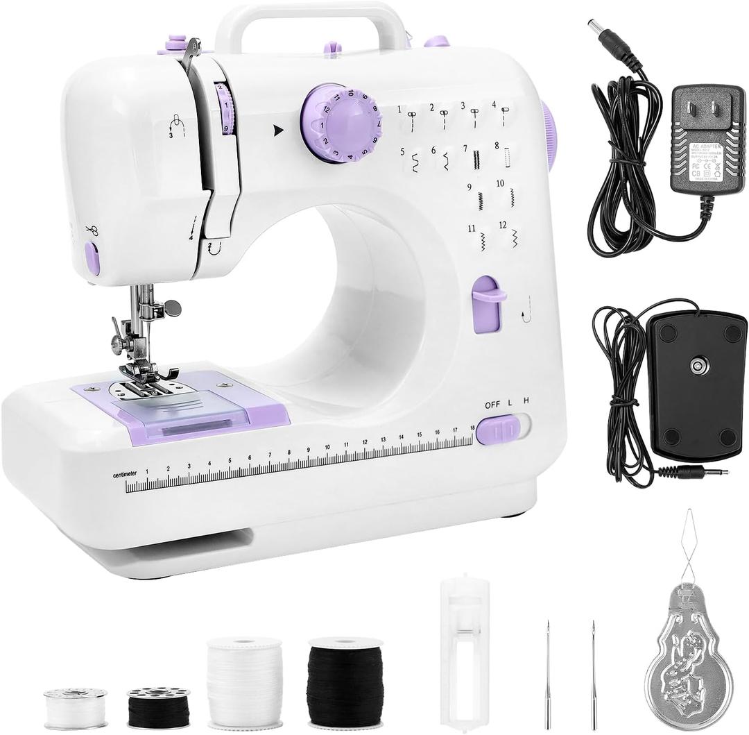 QWORK Mini Sewing Machine, Portable Electric Crafting Tool with 12 Built-in Stitch Patterns, Dual Power Modes, for DIY Projects Small Sewing Machine