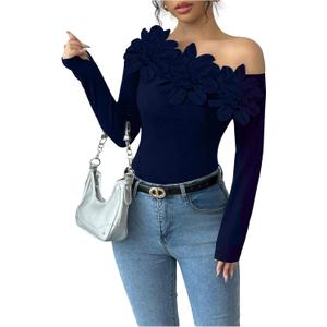 OYOANGLE Women's Floral Appliques Off The Shoulder Top Long Sleeve Fitted Tee Shirts Going Out Tops (Blue, S)