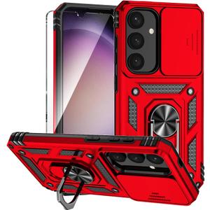 for Galaxy S25 Case with Slide Camera Cover HD Screen Protector [Military Grade 16ft. Drop Tested] Magnetic Ring Kickstand Protective Phone Case for Samsung Galaxy S25 (Red)