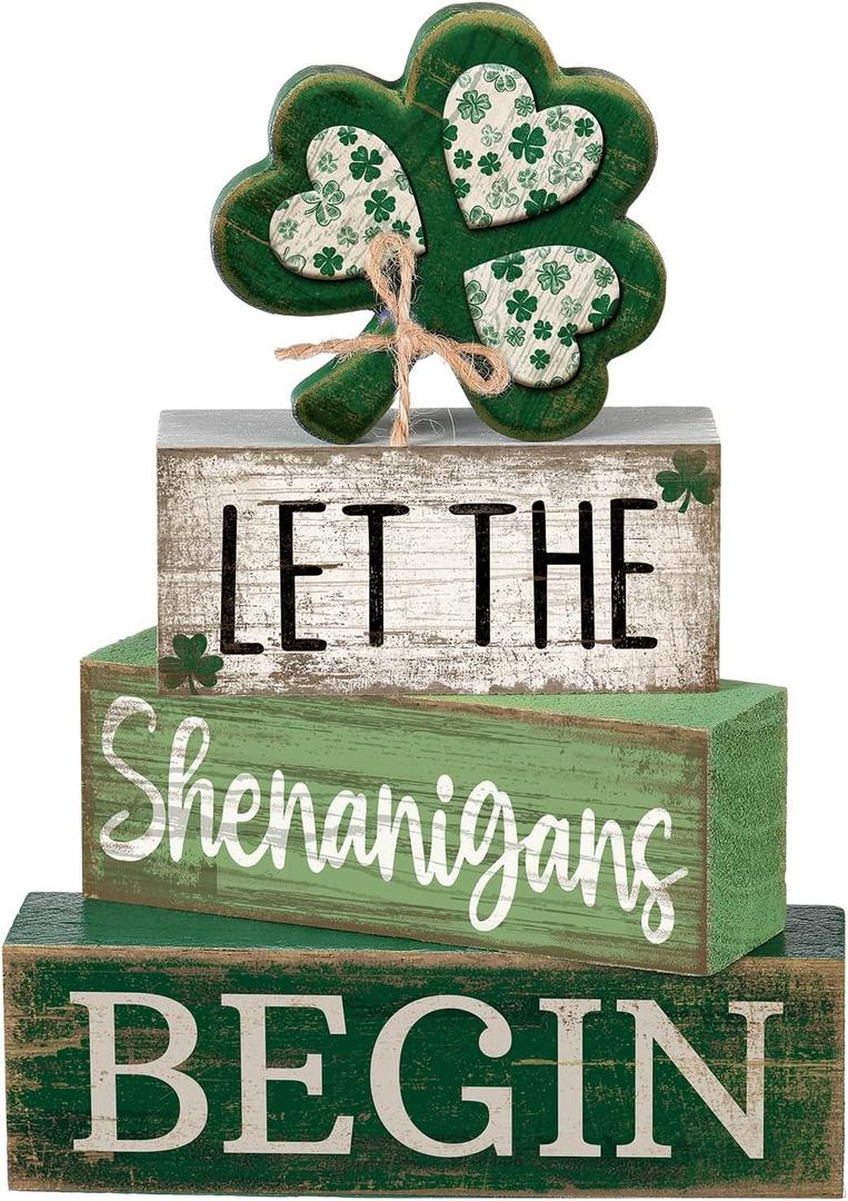 4 Pcs St Patricks Day Table Decor Wooden Shamrocks St Patrick's Day Tiered Tray Decor Irish Centerpiece Green Lucky Shamrocks Block Signs for Saint Patty's Party Home Kitchen