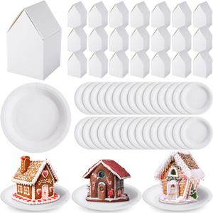 Reallnaive 60 Pcs Christmas Gingerbread House Kit 4.9" x 3" x 3" DIY Gingerbread Crafts Blank Boxes Cardboard Cookie House with 7" Round Paper Plates Xmas Decorations Holiday Fun Activity(White)