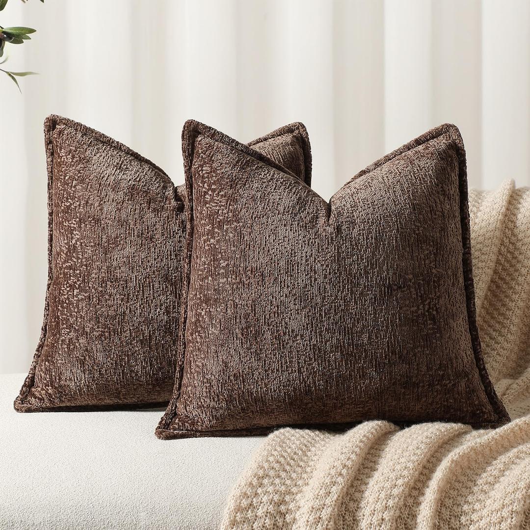 Pack of 2 Chocolate Brown Decorative Throw Pillow Covers 18x18 Cozy Soft Chenille Accent Vintage Square Couch Pillow Covers for Home Decor Bed Sofa Living Room