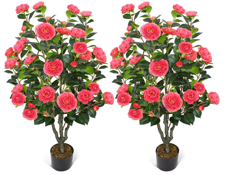 2 Pack 42" Fake Tree Rose Pink Artificial Camellia Tree with 36 Blooming Flowers Faux Floral Plant Tall Plastic Potted for Indoor Outdoor Office Shop Home Room Porch Front Door, Rose Pink