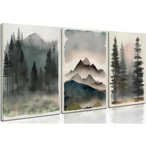 Framed Wall Art for Living Room Set of 3 - Abstract Watercolor Pine Tree Mountain Range Wall Decor, Nature Landscape Canvas Paintings Prints for Bedroom, Home Office Decor - 16x24 Inches