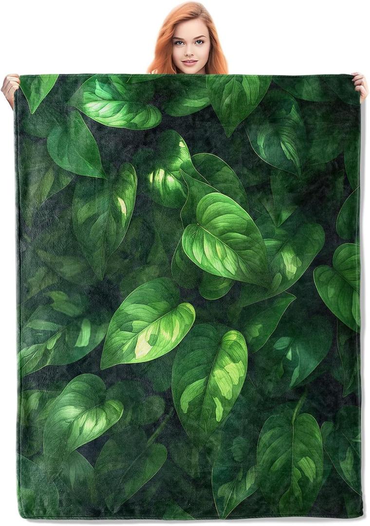 Pothos Leaves Blanket,Sage Green Flannel Throw Blankets,Soft Warm Lightweight Cozy Plush Green Foliage Throws for Bedroom Sofa Office Home Decor Gifts for Adults Kids 50"x40" (Color251)