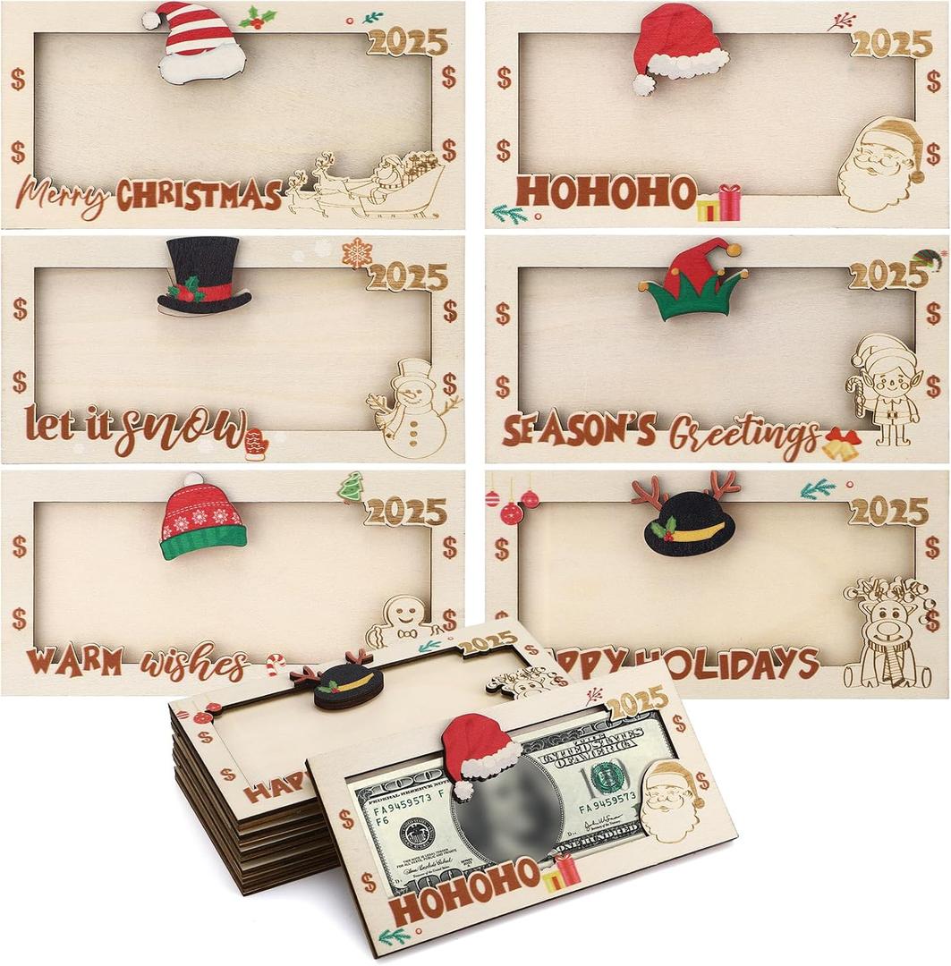 12 Pcs Christmas Money Holder for Cash Gift Wooden Christmas Money Box DIY Cash Envelope Wallet Xmas Greeting Card Holder Bulk for Xmas Decor Holiday Party Favors, 6 Styles(Novel)