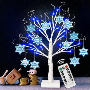 [Timer] 24'' Hanukkah LED Lighted Birch Tree with 12pcs Ornaments,8 Lighting Modes Blue Lights Tabletop Pre Lit Tree Light for Christmas Hanukkah Decor