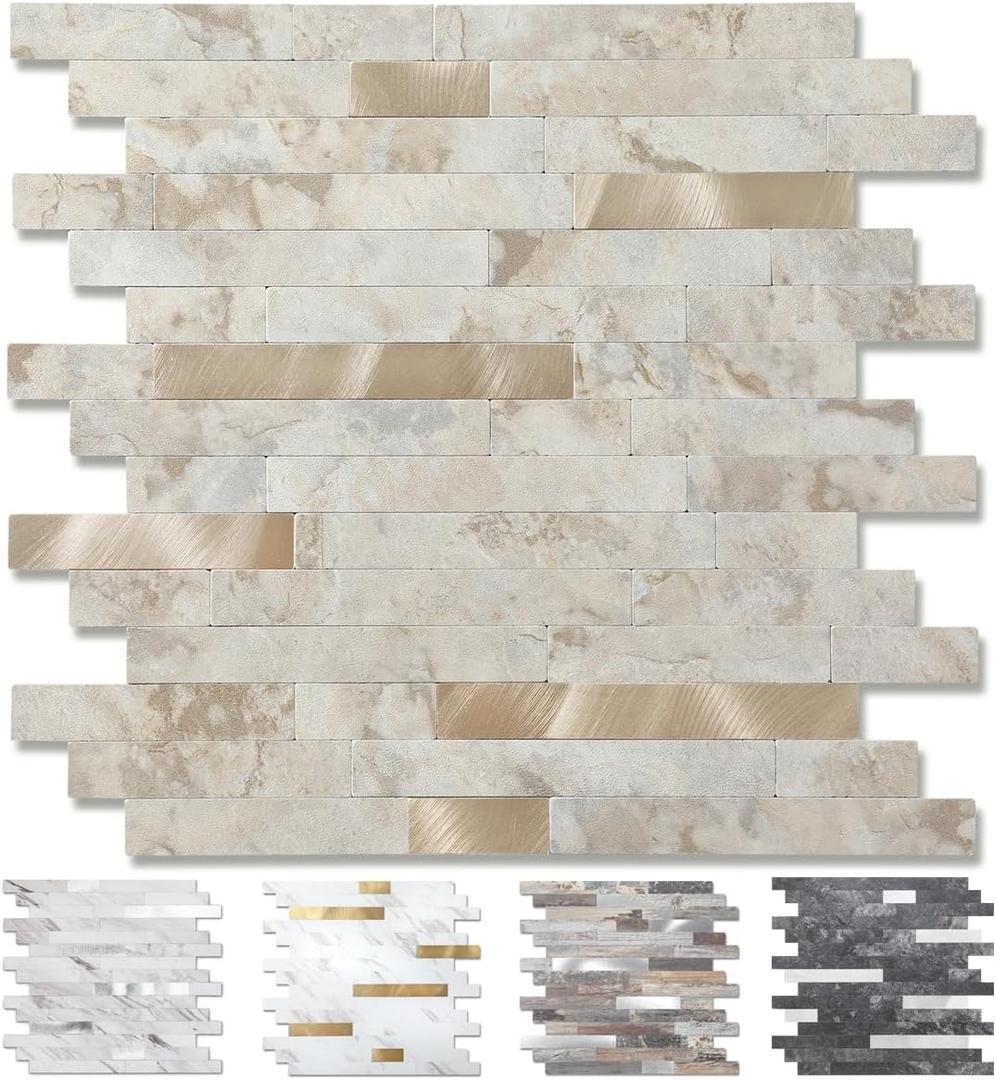 Yipscazo 10 Sheets Peel and Stick Stone Metal Tile Backsplash, Stick on Tiles for Backsplash Kitchen, Bathroom, Laundry Room, Camper, Fireplace (12'' X 12'', Ecru)