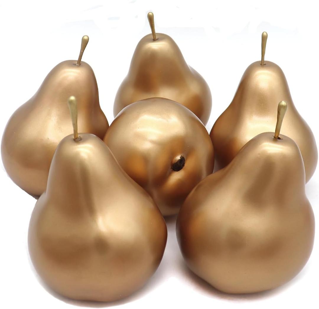 6pcs Fake Pears Artificial Fruits Vivid Gold Pear for Home Fruit Shop Supermarket Desk Office Restaurant Decorations Or Props (Gold)