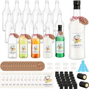 Baderke 24 Set Plastic Coquito Bottles 32 oz Plastic Clear Wine Bottles with Caps and Tags for Home Brewing Wedding Party Favors(Black)