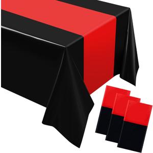 Oudain Disposable Plastic Tablecloths 54" x 108" for Rectangle Tables Cloths Waterproof Table Cover for Wedding Graduation Baby Shower Birthdays Party Decoration(Black, Red,3 Pcs)