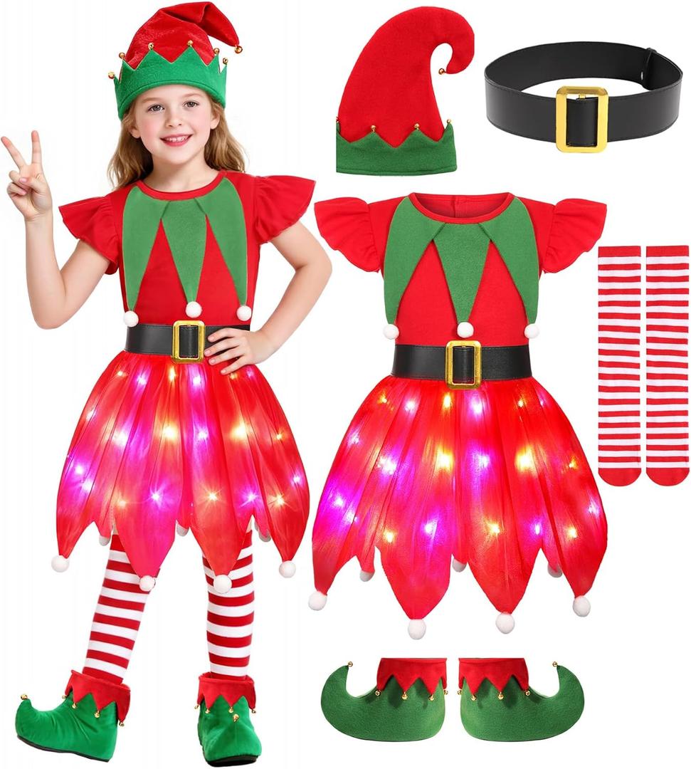 Gorkonpy Elf Costume for Girls Kids LED Light Up Elf Dress for Christmas Girl (5-6 Years, Red)