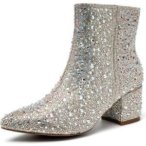 YAYONE Rhinestone Zipper Sparkly Ankle Boots - Glitter Pointed Toe Fashion Comfortable Shoes, Pull on Chunky Heel Western Boots (Size 9, Silver)