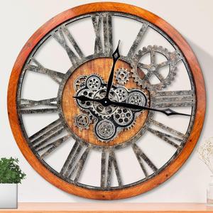HOIBAI Large Wall Clock, Wall Clocks for Living Room Decor 36 Inch Farmhouse Vintage Rustic Kitchen Wall Decor Vintage Roman Oversized Wall Clock for Home Bedroom House, Moving Gears Clock (Steampunk Brown With Bronze Gears)