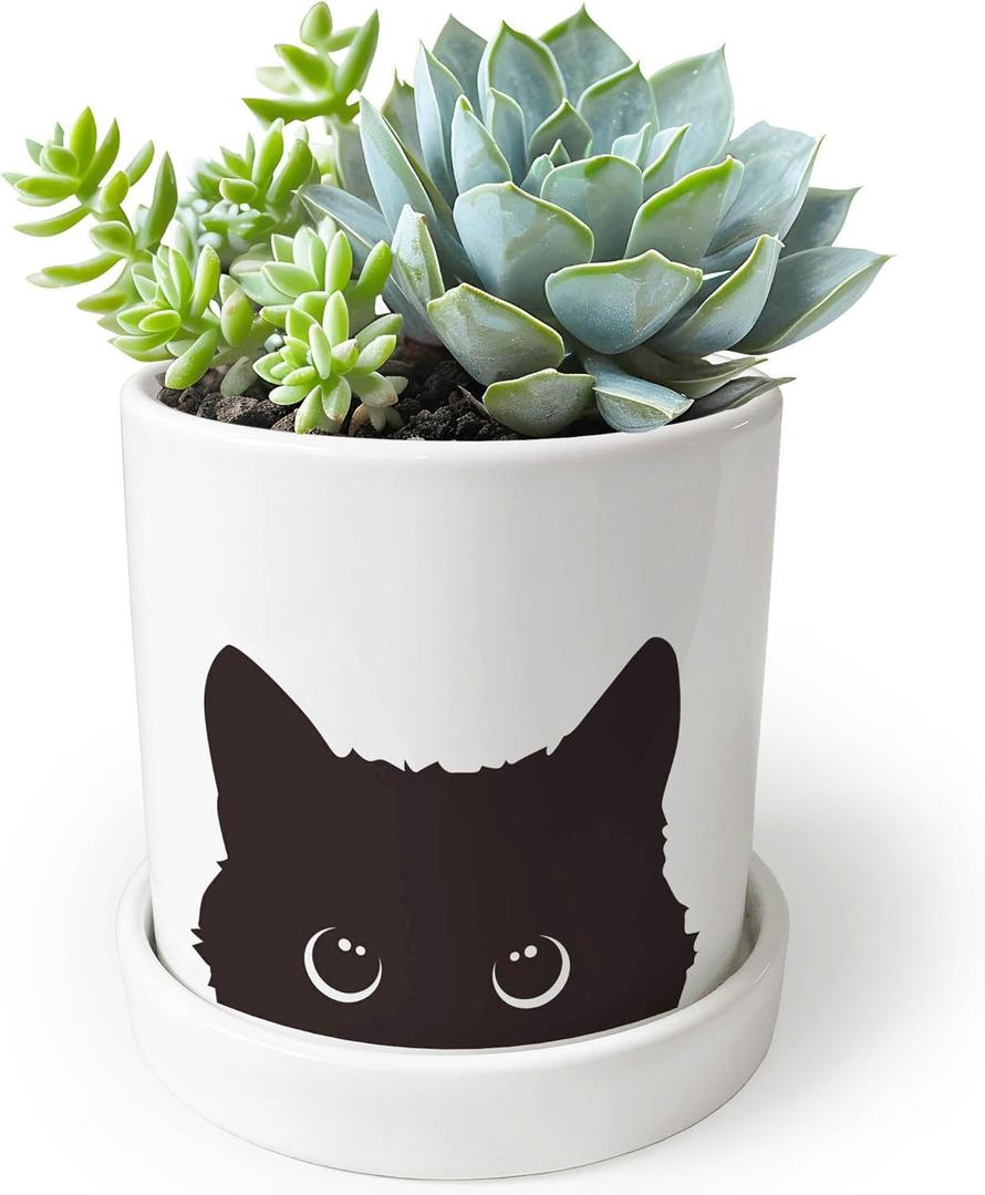 4.3'' Black Cat Ceramic Succulent Pot, Cute Cat Plant Pot with Drainage Hole & Ceramic Tray, Funny Home Office Cactus Planter