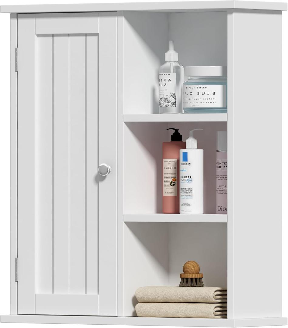 Treocho Bathroom Wall Cabinet, Medicine Cabinet with Door and 3 Open Shelves, Wall Mounted Storage Organizer for Bathroom, Kitchen, Living Room, White (6.3"D x 21.5"W x 24.02"H)
