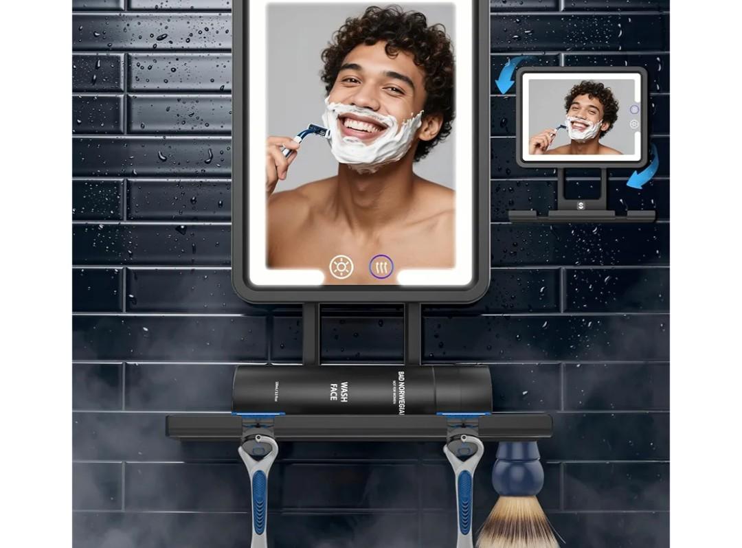 Shinowa Heated Shower Mirror Fogless for Shaving, 360° Adjustable Lighted Shower Mirror with 3 Color Modes, Rechargeable Anti Fog Shower Shaving Mirror with Large Storage Tray & Razor Holder, Black