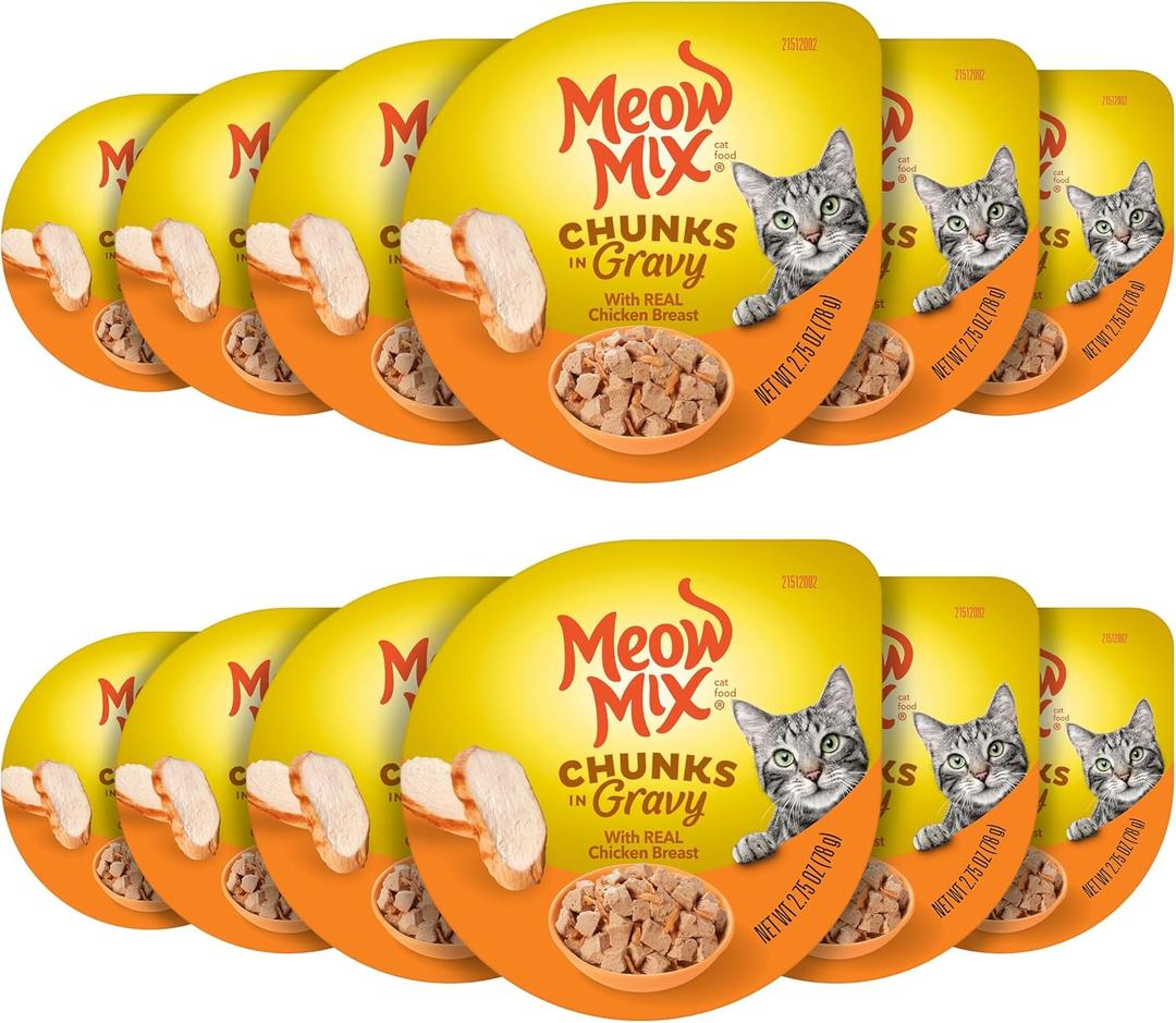 Meow Mix Chunks in Gravy, Wet Cat Food with Real Chicken Breast, 12 Cups BB 11/14/27