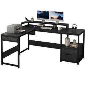 DWVO L Shaped Computer Desk with File Drawer, 65" L Shaped Desk with Monitor Stand, Corner Home Office Desk with Lift Top, Height Adjustable Standing Desk with Storage Shelves, Black