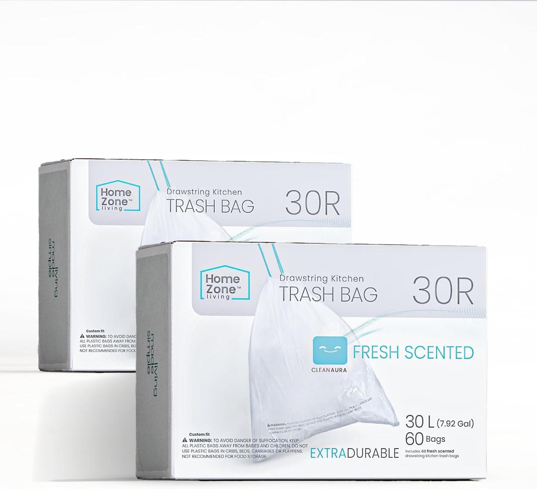 Home Zone Living 2-Pack 8 Gallon Kitchen Trash Bags with Drawstring Handles, Heavy Duty Custom Fit Design for 30 Liter Dual Recycling Liners, Code 30R, 60 Count