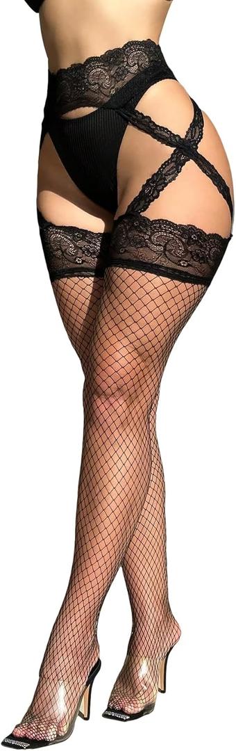 Verdusa Women's Fishnet Stockings Tights High Waist Lace Suspender Pantyhose