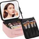 Chomeiu Makeup Bag with LED Mirror, Cute Cosmetic Bags for Women and Girls, Travel Train Case Artists Organizer Large Make Up Bags with 3 Color Light Up Mirror & Removable Brush Compartment, Pink