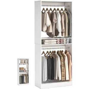 Unikito Freestanding Closet System, 25 Closet Organizer Wardrobe with Hanging Rods & Shelve, Adjustable Clothes Garment Rack, Sturdy Walk in Closet Tower, Easy Assembly, 25" W x 16" D x 80" H, White