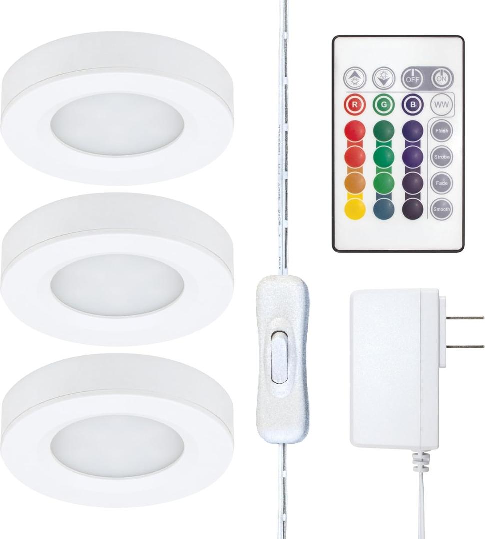 Birch Lighting Under Cabinet LED Puck Lighting Kit with 3 RGB Multicolor LED Puck Lights, Remote, On/Off Switch & Plug in 333310