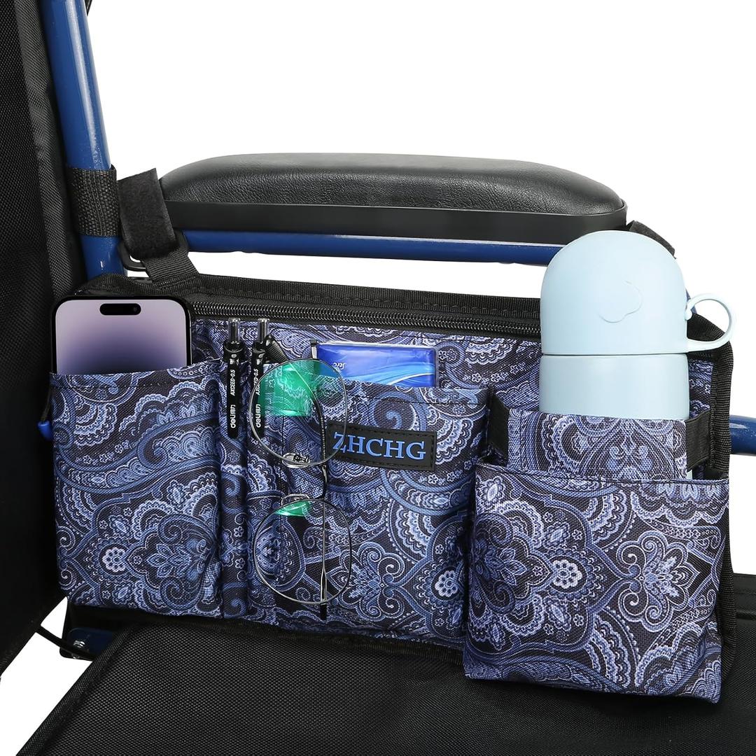 ZHCHG Wheelchair Side Bag with Cup Holder, Wheelchair Armrest Pouch Accessories for Walker, Rollator, Electric Scooter Wheelchairs, Ideal Gift for Mother's Day & Father's Day- Navy