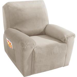 MAXIJIN Velvet 4 Piece Recliner Cover Stretch Plush Soft Recliner Chair Covers Thick Soft Reclining Chair Slipcovers Furniture Protector with Side Pocket for Kids, Pets (Khaki)