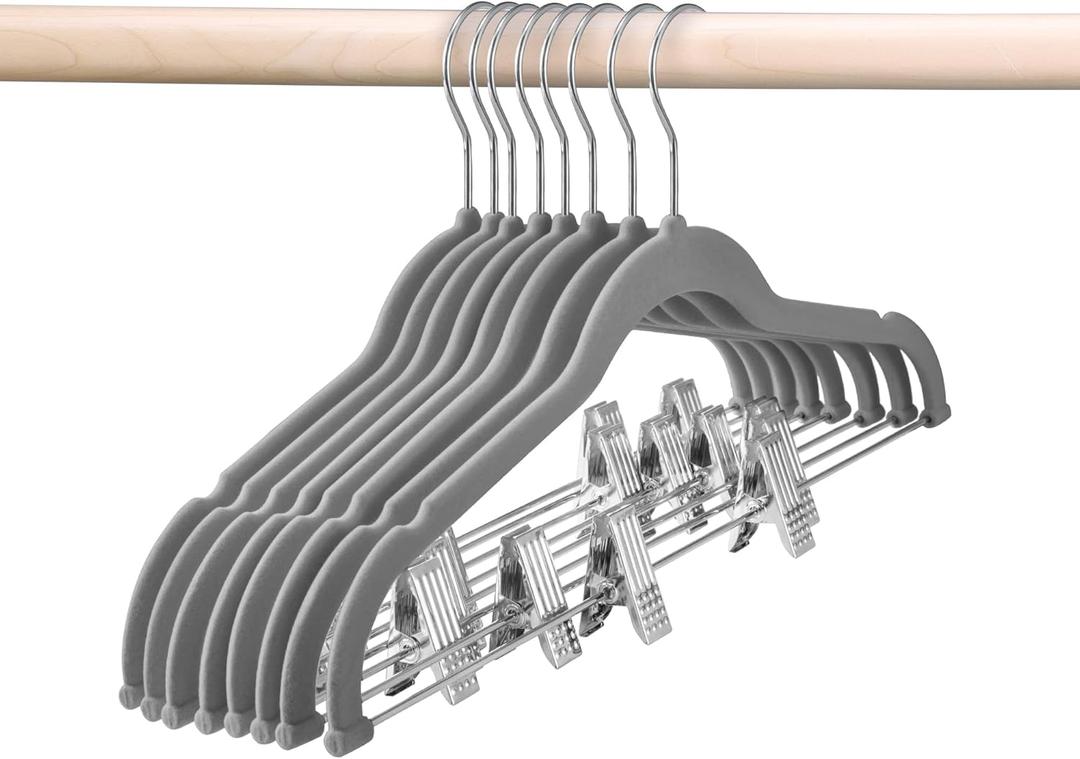 HOUSE DAY Velvet Skirt & Pant Hangers - 12 Pack, Gray Velvet with Adjustable Clips, Space Saving, Heavy Duty, Non Slip