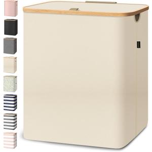 BALEINE Laundry Hamper with Lid, Tall Laundry Baskets with Bamboo Pull Handles, Large Laundry Bin with Internal Support (36 Gal/140L, Beige), 140 Liters