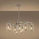 9-Light Brushed Nickel Glass Chandelier, Adjustable Height Hanging Industrial Dining Room Chandelier Over Table, Modern Farmhouse Chandelier for Kitchen Island Living Room Entryway Bedroom