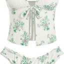 ZAFUL Tankini Swimsuits for Women Smocked Ruffles Tie Front Bowknot Textured High Cut Tanga Tankini Set (Small, 2-light Green)