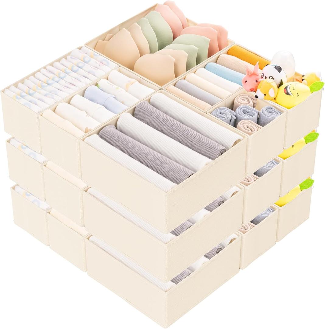 Criusia 15 Pack Drawer Organizer for Clothes, Foldable Dresser Dividers with 3 Sizes, Fabric Storage Bins  Beige