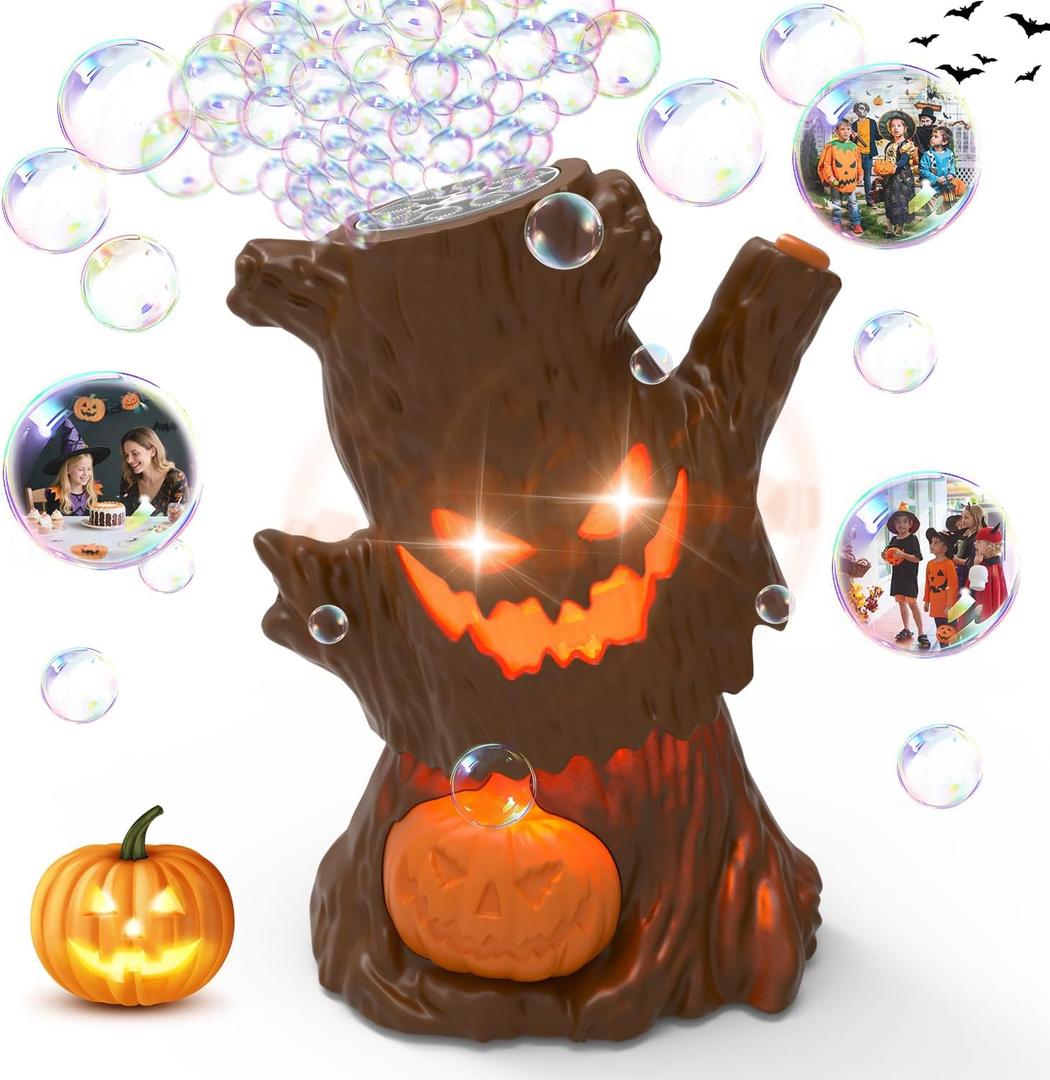 Halloween Bubble Machine, Haunted Stump Bubble Blower, USB Rechargeable, Wobbly Head Fun, Glow Eyes - Halloween Decorations Tree Toys Gifts for Kids, Boys, Girls