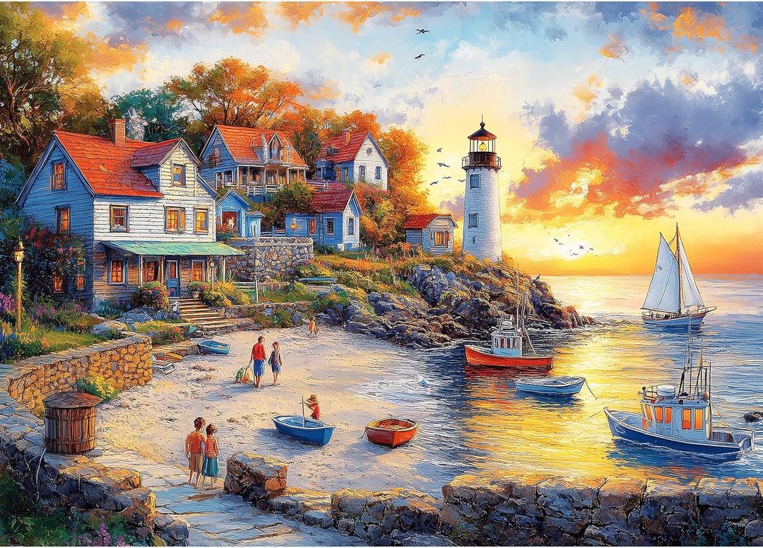 1000 Pieces Puzzles for Adults, Fall Seaside Puzzle, Fishing Village Jigsaw Puzzles 1000 Pieces, Creative Play Holiday Party Gifts Artwork Wall Home Decor, Funny Puzzle for Adults, 28×20 in, Fishing Village