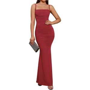 EYNMIN Women's Sleeveless Bodycon Corset Maxi Dress Spaghetti Strap Ruched Elegant Evening Wedding Guest Long Formal Dresses, Red, Large