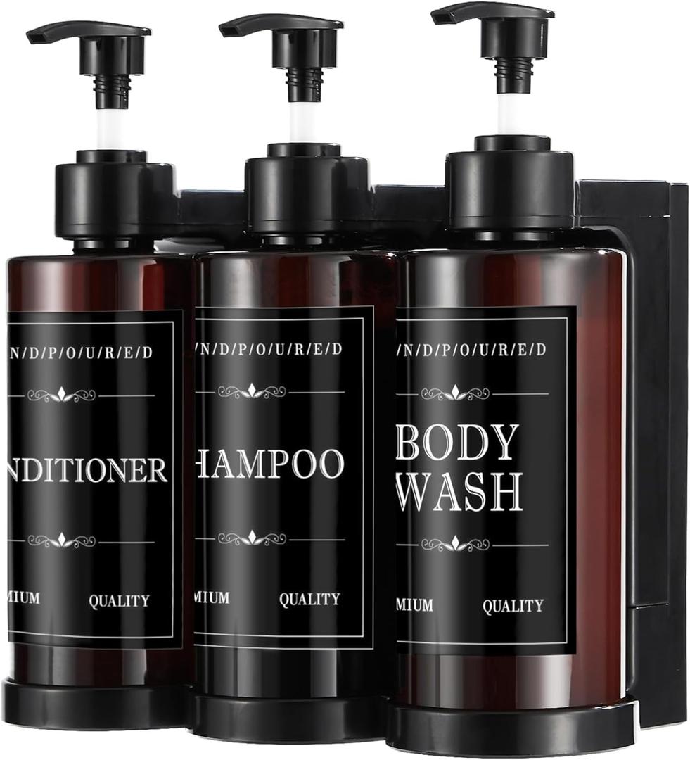 Shampoo and Conditioner Dispenser for Shower Wall, Body Wash Dispenser with 5 Waterproof Labels, No-Drill Wall Mounted Shower Soap Dispenser for Bathroom Decor Upgrade - Brown 3 Chamber
