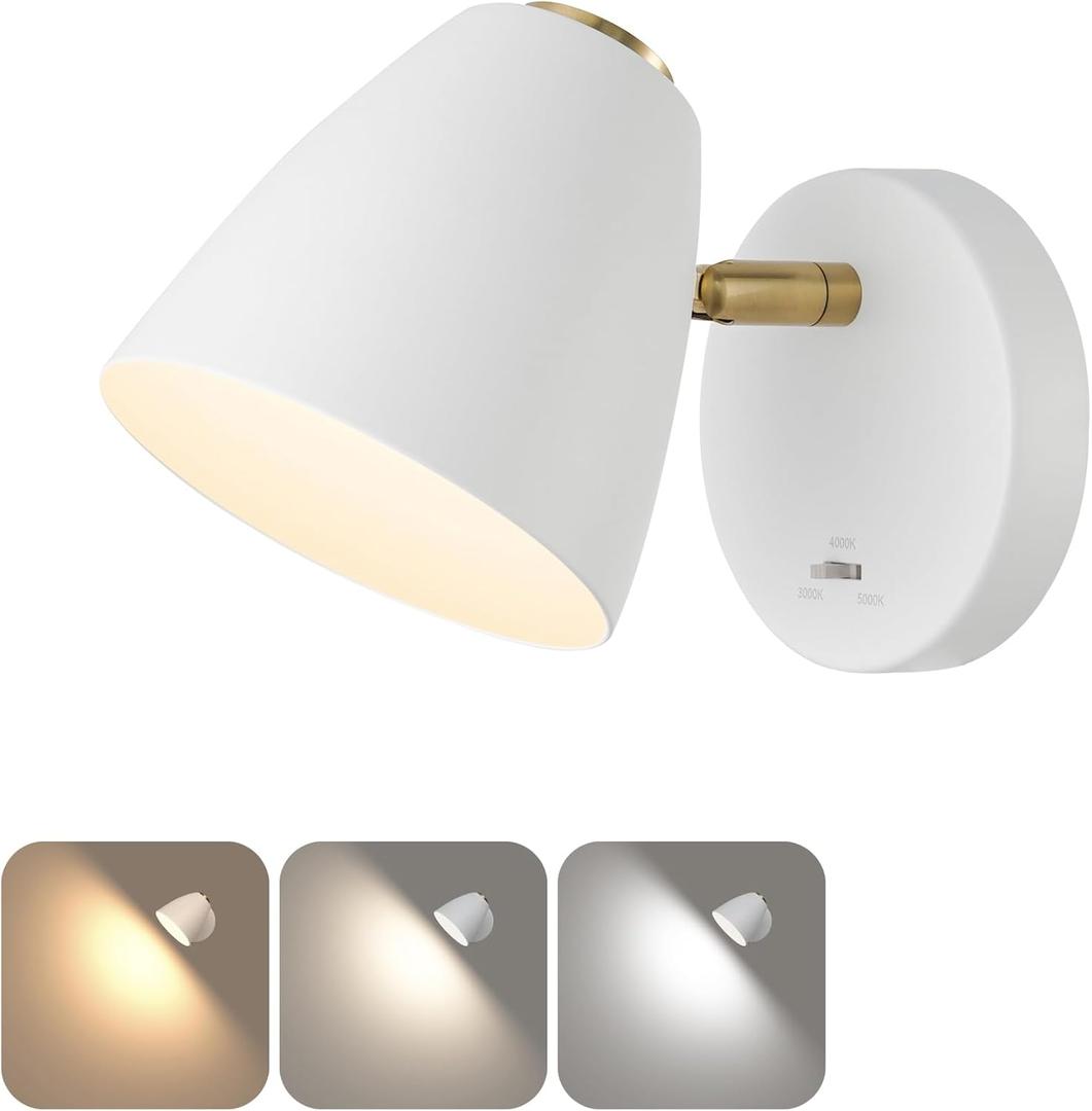 Modern Hardwired White LED Wall Sconces, 3 Color Changeable Indoor Sconce Wall Lighting, Small Wall Mounted Reading Light, 110V Hard Wired, No on/Off Switch & Cord