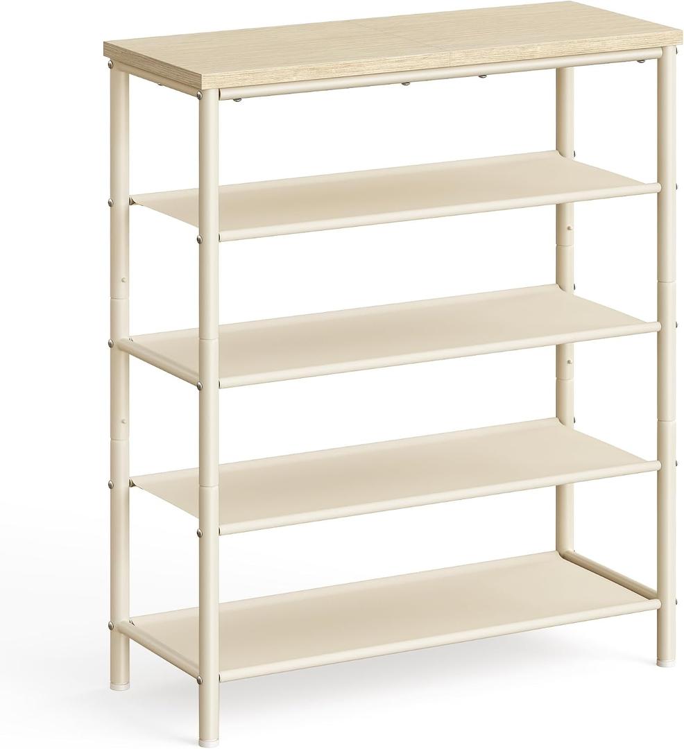 VASAGLE Shoe Rack, 5-Tier Shoe Storage Organizer for Entryway and Closet, Holds 12-16 Pairs of Shoes, 4 Fabric Shelves, Steel Frame, Modern, Natural Beige and Pearl White ULBS036K01