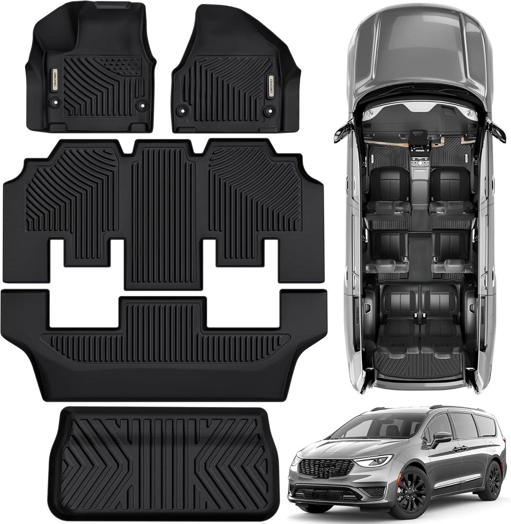 OEDRO Floor Mats & Cargo Mat Fit for Chrysler Pacifica 2017-2025 (No Hybrid Models), Fit 7 and 8 Passenger Model, Fit 2020-2025 Voyager Custom All-Weather Protection Full Set TPE Floor Liners