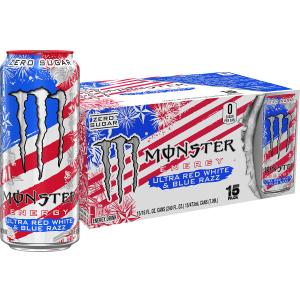 Monster Energy Ultra Red White & Blue Razz, Sugar Free Energy Drink, 16 Ounce (Pack of 15) (EXP 12/31/26)