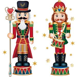 Christmas Nutcracker Soldiers Wall Decals Gold Snowflakes Wall Decals Xmas Window Clings for Shop Home Glass Door Holiday Merry Christmas Wall Decor