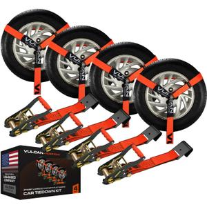 VULCAN Car Tie Down with Flat Hooks - Lasso Style - 2 Inch x 96 Inch - 4 Pack - PROSeries - 3,300 Pound Safe Working Load