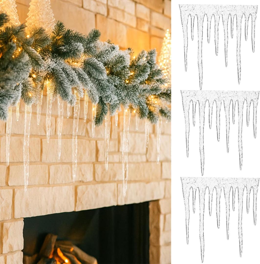 Kathfly 3 Pcs Christmas Acrylic Icicles 12 x 10 Inches Christmas Fake Icicle Proof Ornaments Drop Acrylic Shatter Xmas Garland Hanging Decorations for Xmas Tree Party Indoor Home Decor